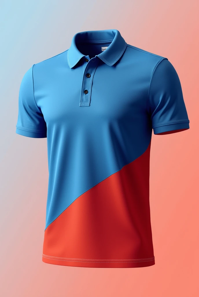 A modern two-tone polo T-shirt design featuring a blue top half, a red bottom half, The design is.webp