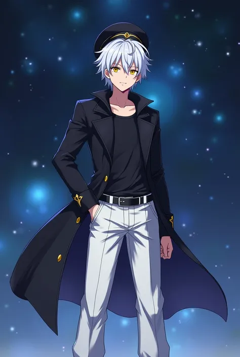 highly detailed, anime male character, wearing a black sailor hat, short white hair, yellow eyes, fair skin, smiling, black shirt, black coat, long white pants, black shoes, 1.80m tall, standing in outer space background, cool and confident expression, cin...