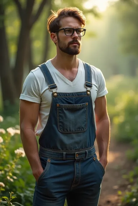 Male in his thirties , delgado,  full body, wearing overalls,  brown hair and circular glasses 