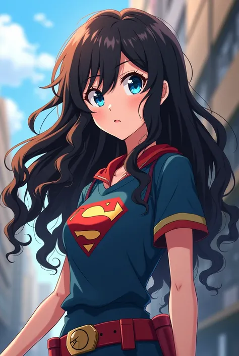 In the style of the anime My Hero Academia,  create a fair-skinned girl , She has wavy dark brown hair with a length up to the waist,  she has big striking blue eyes and is endearing 