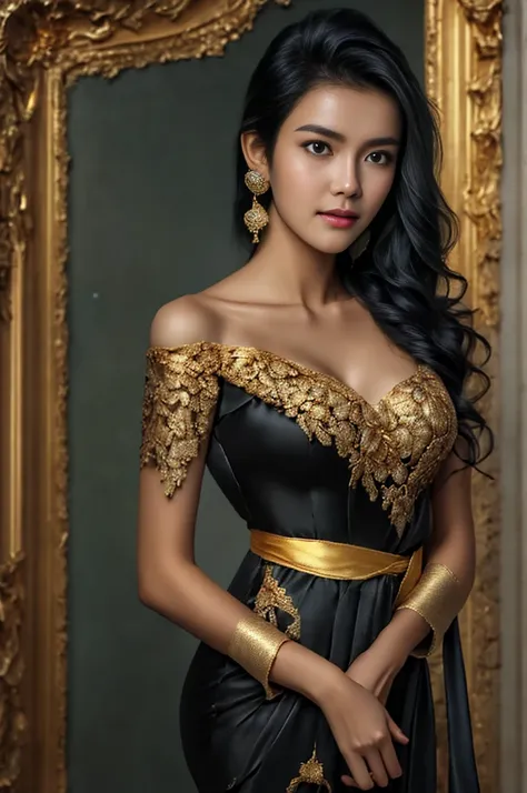 Photorealistic Production, (One Person), (Realistic Image of a 25 Years korean Female Model), (Shoulder-level Wavy Black Hair:1.6), (Pale Skin:1.4), (Wearing a black Ornated Kebaya Dress with Silk Cloth and Golden Jeweleries:1.6), (Serious Face), (Deep Cle...