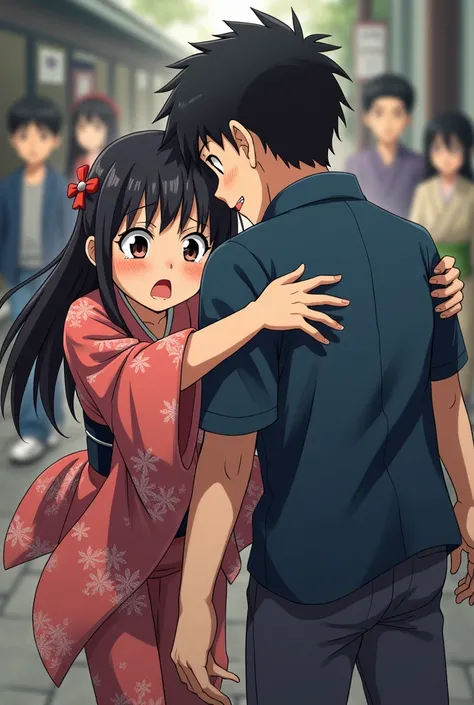 Boy pulls away and pulls away ,  apparently determined to leave ,  while a girl with yukata ,  clearly distressed , try to stop him .  She is desperate ,  sad and worried about her departure ,  and their eyes reflect the pain of the situation.  tightly as ...