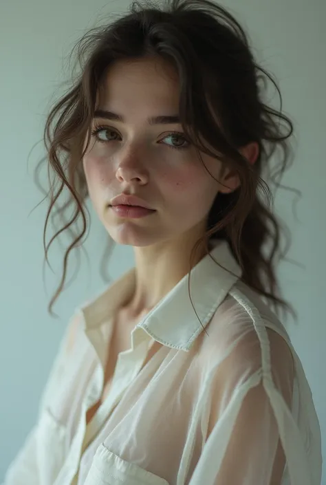 Lonely college girl , wavy brown hair,  transparent white shirt