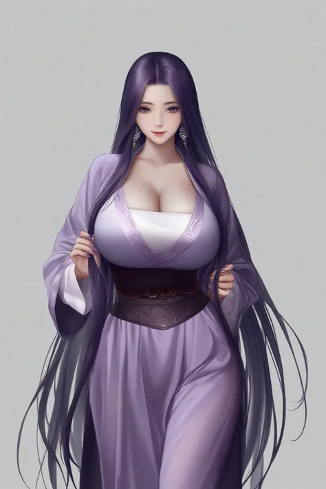 purple hair ,purple hanfu, huge breasts, very long hair, smile, masterpiece, best quality, realistic, 8k, official art, cinematic light, ultra high res, perfect female body, sharp focus, guofeng, 1girl, solo, chinese clothes, realistic, nail polish, simple...