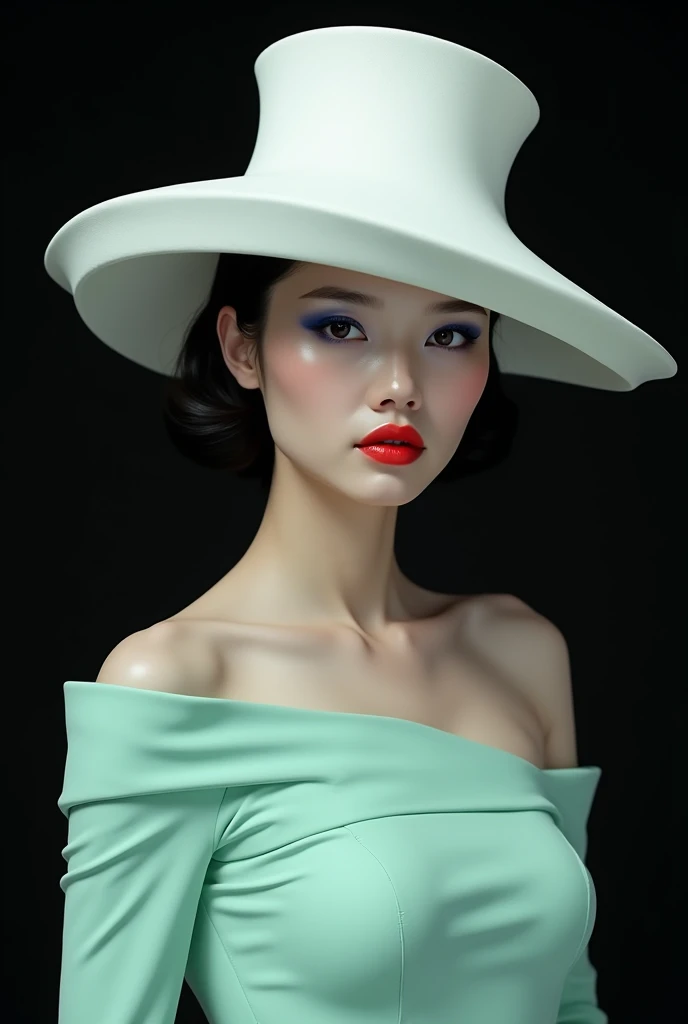 Produce a hyper-realistic image of a Korean woman wearing a wide-brimmed white hat with a unique, asymmetrical shape. She must be wearing a mint-colored garment that leaves one shoulder bare. The lips must be painted bright red and the eyes must have deep ...