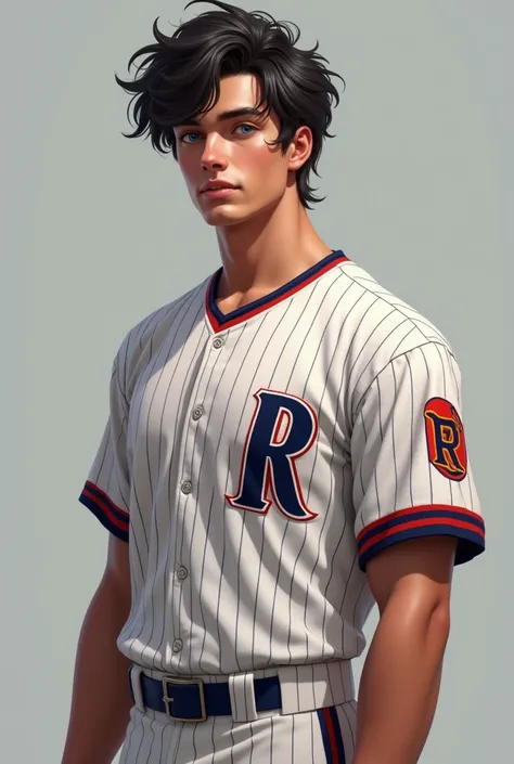 A beautiful guy, around 18 years old, beautiful body dark hair and blue eyes wearing baseball jerseys 