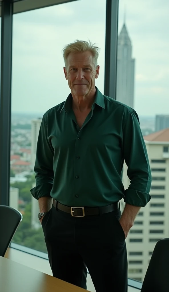  a crude and bad-faced man of a ,83 tall, white pele,  well-dressed blond hair with black slin dress pants and dark velvet green dress shirt. In an office with a beautiful view of a building in São Paulo  