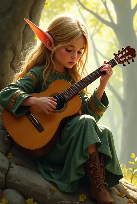 there is a digital painting of a girl playing a guitar, an airbrush painting inspired by Claire Hummel, Artstation contest winner, fantasy art, forest elf bard playing lute, adorable digital painting, rens art in artstation, little elf girl, lalafell, the ...