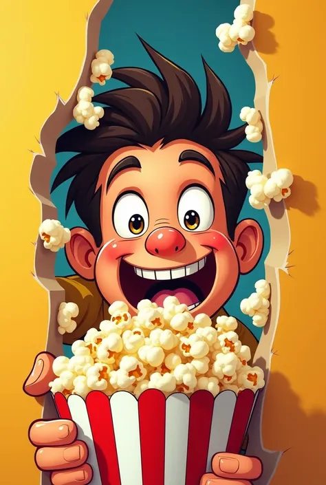 Funny and beautiful drawing of a healthy young man breaking the fourth wall very hungry to eat popcorn 