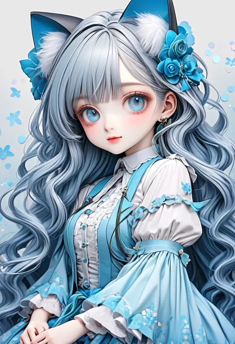 1 cute girl with cat ear and cat tail, ligne claire, contour deepening beautiful detailed glow, by famous artist,  head tilt, long white hair, curly hair, Air bangs, Grey hair, beautiful detailed hair, Beautiful face, ^ ^, lovely big eyes, flat chest,   ze...