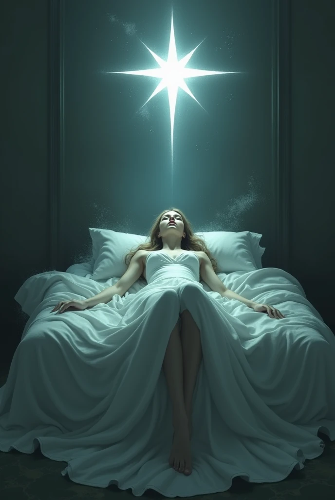  Create an image of a woman ,  lying on a bed, becoming invisible and a five-pointed star above it. 