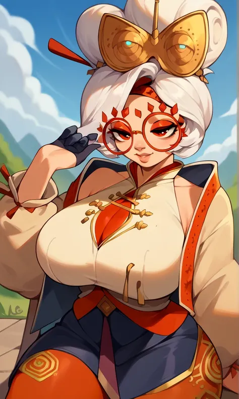 score_9, score_8_up, score_7_up, score_6_up, score_5_up, score_4_up, (source_anime), purah, 1girl, huge breasts, narrow waist, thick thighs, hair ornament, red headband, red glasses, sleeveless shirt, white coat, black skirt, red leggings, gloves, high hee...