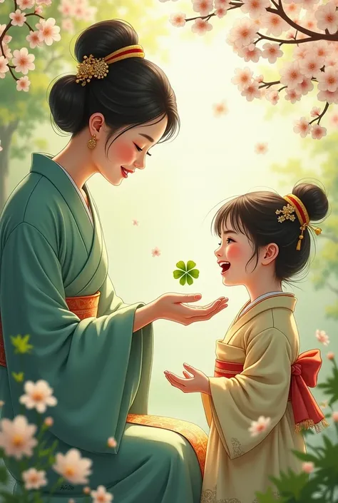 A beautiful Japanese woman is giving a four-leaf clover to a young girl. The young girl is smiling happily.