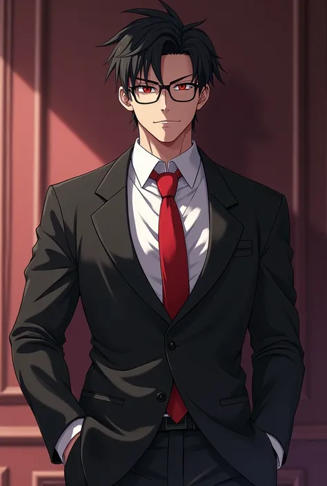  A young adult of 30 years  ,quite stocky ,Ojos rojos,flirty smile .  Intellectual perverse eyes ,  with a certain air of sensuality and perversity, with glasses , black cabello , light skin, muscular ,black formal suit, red tie.  anime style,  posing unbu...