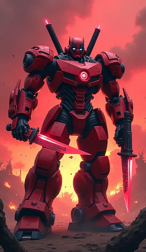 A bold, muscular warbot standing in the middle of a chaotic, debris-strewn battlefield under a blood-red sky. Its metallic frame is painted in bright red with black accents, with Deadpools mask-like metallic head, featuring battle scars and scratch marks f...