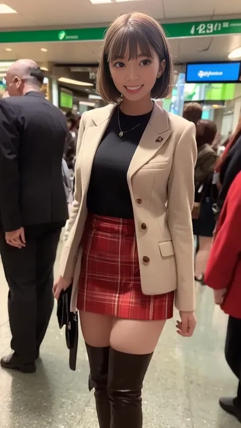 ( White Oversized Open Down Jacket)、 Red Tartan Check Pencil Skirt )、(Camel Thigh-High Boots )、(1 23 year old girl、 short bob hair、Medium breast、 slender body 、 is shy)、( subway station concourse 、Standing in front of the store 、 greatest masterpiece:1.3、R...