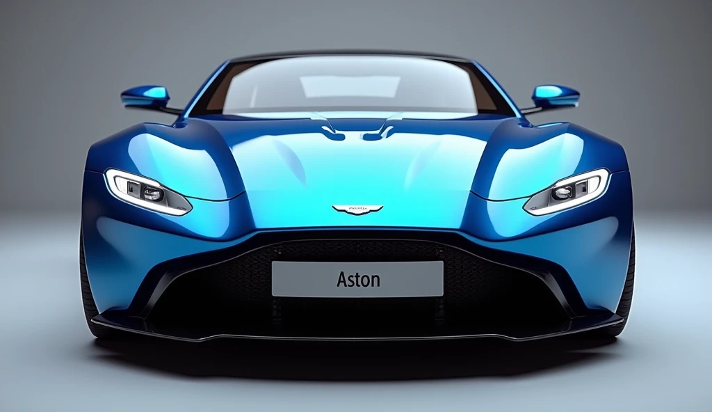 Create a 3D render of a car design featuring the [ 2025 Aston Martin ] . The car should be viewed from the [front] in [metallic blue ]. Include a [Brand Logo] prominently on the [front]. The headlights should be [White],. The license plate should display [...