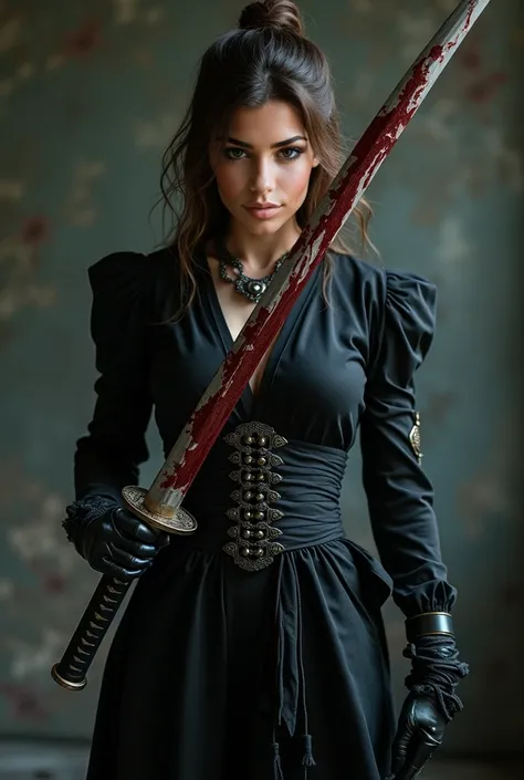 Mature woman with a look would be ,  brown hair wearing a blood-filled katana and a masochistic gothic ninja costume 