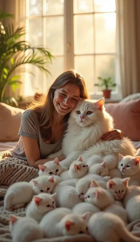 "A heartwarming and magical scene of a woman sitting in a cozy, warmly lit room, bathed in soft golden sunlight streaming through large windows. She is gently resting against a majestic white cat, about the same size as the woman or slightly smaller, with ...