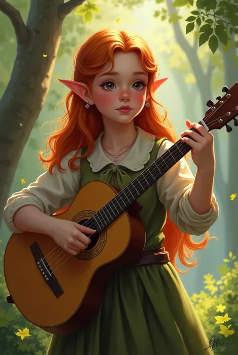 there is a digital painting of a girl playing a guitar, forest elf bard playing lute, adorable digital painting, rens art in artstation, little elf girl, lalafell, the girl plays the guitar, tiefling bard, goblin girl dnd character, guitar concept art, elf...