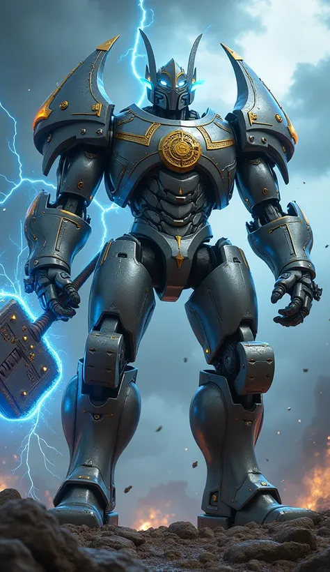 A massive, muscular warbot standing in a stormy battlefield. Its metallic frame is painted in deep silver and gold, with intricate Norse runes etched into its armor. Neon blue lights glow from its chest emblem, eyes, and along its gauntlets. The warbot wie...