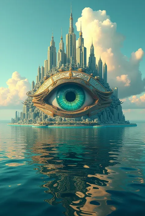 create a image of a city that looks like an eye and is vibrant and surrounded by water