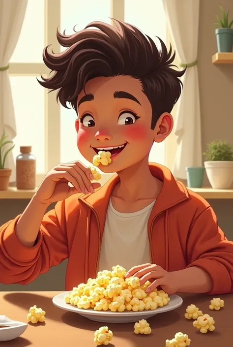 Cute and cute drawing of a strong teenager eating popcorn