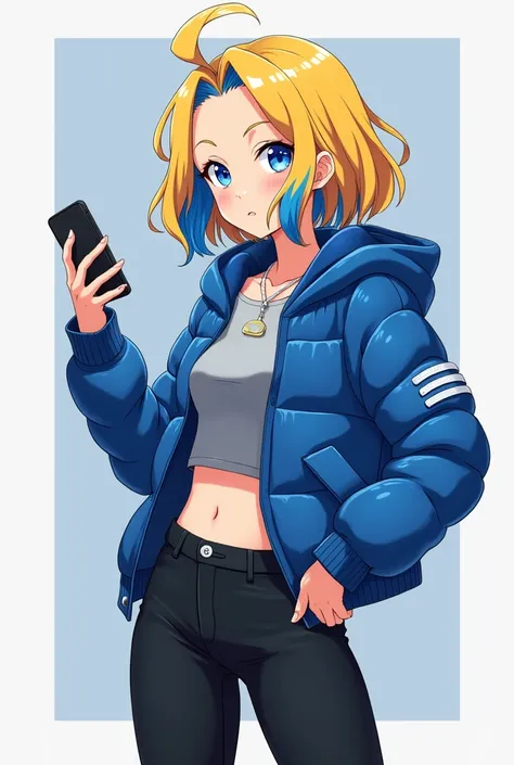 Best quality, masterpiece, anime, 27-year-old woman, Gen-Z, a Zoomer, blonde hair with blue streaks, blue eyes. ((Wearing: blue jacket, gray crop-top, black leggings, white slip-on shoes)). Shes holding an I-Phone in one hand
