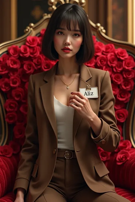 Create a realistic image of a beautiful women wearing jacket of brown and pants of brown in high classic in modern style with short hair standing in red rose chair with the name holding "Alliz"