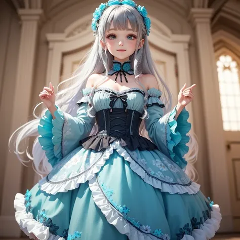 flower hair ornaments,{{turquoise dress}}, gray shadow dress,wide sleeves,floral print sleeves,Gothic lolita,white skirt,layered skirt,white sleeves，Curly long hair，a beauty girl，Fine hands，Fine fingers，(Best Quality)Fine details，There are a lot of flowers...