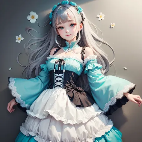 flower hair ornaments,{{turquoise dress}}, gray shadow dress,wide sleeves,floral print sleeves,Gothic lolita,white skirt,layered skirt,white sleeves，Curly long hair，a beauty girl，Fine hands，Fine fingers，(Best Quality)Fine details，There are a lot of flowers...