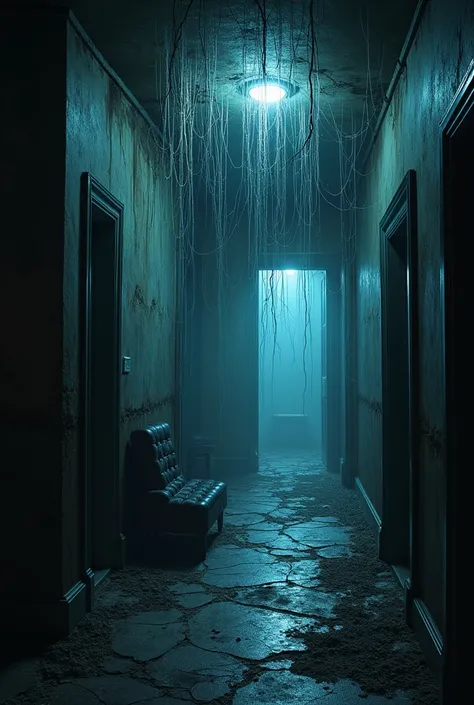 Inside the Mansions Hallway:
A narrow, dimly lit hallway with cracked walls, broken furniture, and thick cobwebs hanging from the ceiling. A cold, bluish light seeps through the cracks.