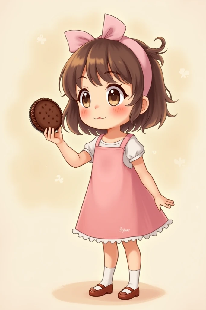 A cute girl she is . She is very curious. She has a Choco pie on her hand