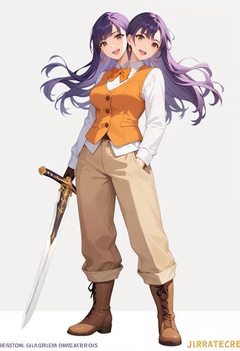 anime, (masterpiece, best quality), best resolution, two heads, woman holding a sword, purple hair, brown eyes, different facial expressions, right heads mouth open and left heads mouth closed, orange vest, long dark brown pants, brown boots, jrpg characte...