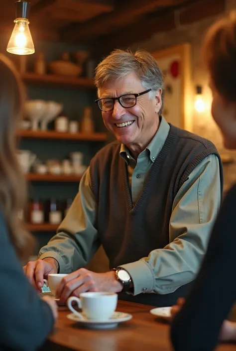 create a video that billgates running a tea shop and making tea for his customers