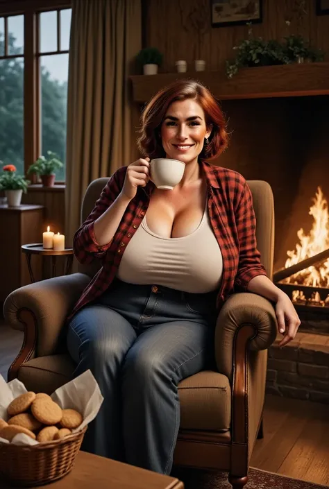 Photorealistic picture, cinematic style, a beautiful woman sitting in her armchair drinking tea. She is 50 years old. (Dynamic pose: 1.5), she is smiling to the camera. She has Brown eyes, downturned eye shape, light skin and freckles, lines around her eye...