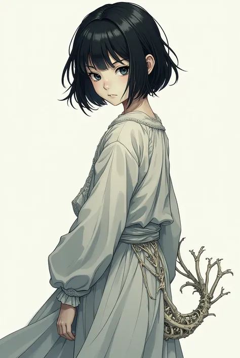 A girl with medium-short black hair and black eyes with white skin dressed in loose zaon clothes and a tail of bones coming out of her lower back drawn in the style of arcane animation 