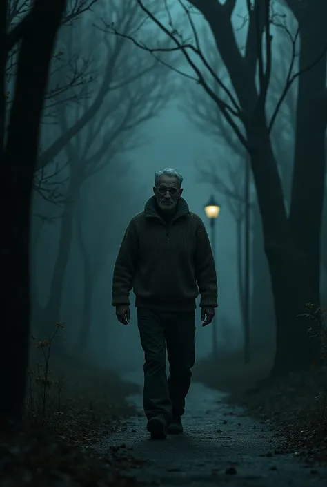 man in a sweater walking in a dark place at night 