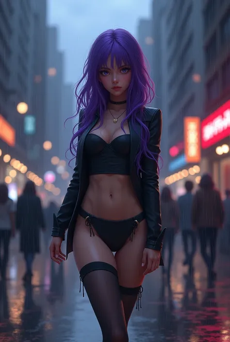 (1 girl),  masterpiece , photorealistic, 8K, (realistic: 1.2),  full body,  looking at viewer , pantyhose,  purple hair , (kafka: 1.2), walking, Beauty, ( medium breasts : 1.2) Evening, Evening sky, city, cityscape, rain, (Dramatic: 1.2)