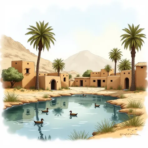 The sketch and watercolor painting image is a watercolor painting that depicts a serene, rustic Egyptian village scene beside a calm body of water, possibly a river or pond. The setting appears to be in a desert or semi-arid region, given the presence of p...