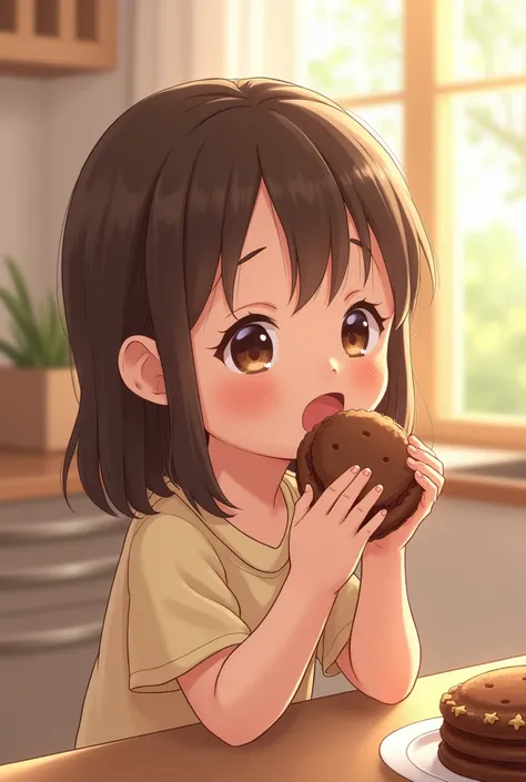 A cute girl she is . She has a Choco pie on her hand