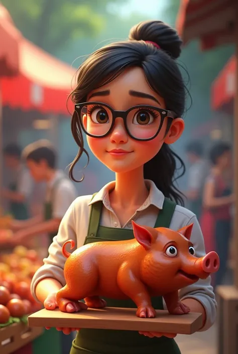 Create a 4k image of a girl with glasses ..  The girl is selling suckling pig to pay for her university degree, It must be animated. 