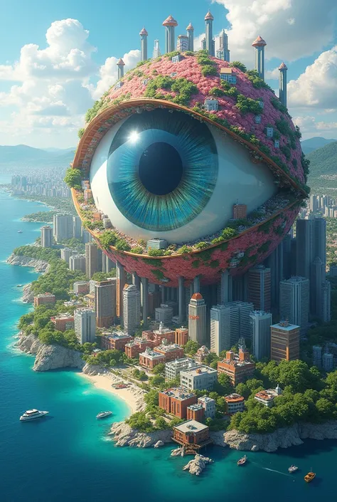 create a image of a city that looks like an eye and is vibrant and surrounded by water at the heart of the city, Eliza pupil and the center were commerce, innovation, and daily light coverage surrounding it is the iris a vibrant District filled with theate...