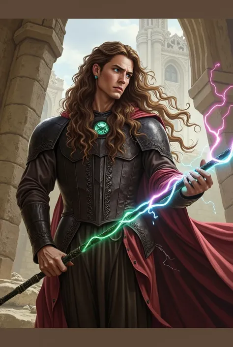 Merlin the powerful wizard, with a and very long wavy brown hair, stands in a mystical setting wearing dark, leather-like armor and a flowing red robe. He holds a long wizard staff glowing with blue,green, pink energy amidst bolts of lightning in the backg...