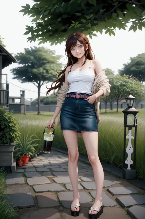 pretty woman, smiling, standing posed at rice field in green park, holding a cup of drink, (+black long hair, shoulder-length hair), wears beige long sleeves cardigan, white and black striped camisole (+multicolored camisole), dark denim cargo pencil mini ...