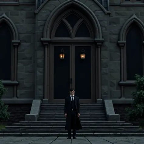 A cinematic 3d render of a dark fantasy setting. There is a gothic architecture building with arched windows and a large door. The building has a few stairs leading up to it. There is a fashionably dressed figure wearing a black coat, a white shirt, and a ...