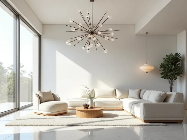 "A spacious living room with large floor-to-ceiling windows letting in natural light. The room includes modern pendant lights and a statement chandelier above the seating area. Soft white walls and reflective surfaces amplify the light."
Size: 1792x1024

