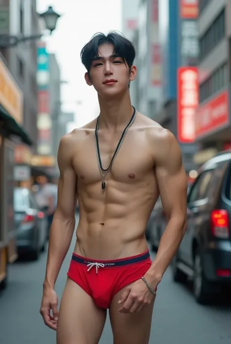  dont get close , Tokyo streetscape, Tokyo street background, whole body 사진,  bustling Tokyo streets ,  show me the expression , 붐비는 Tokyo streetscape,  very small red thong panties ,  has a lot of underarm hair , 매우 Detailed hands가락,  dont merge text , Ve...