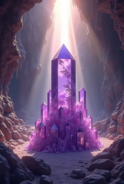 Photorealism, amethyst cave, a large amethyst point at the center of the cave, a hole with sun light at the center of the cave