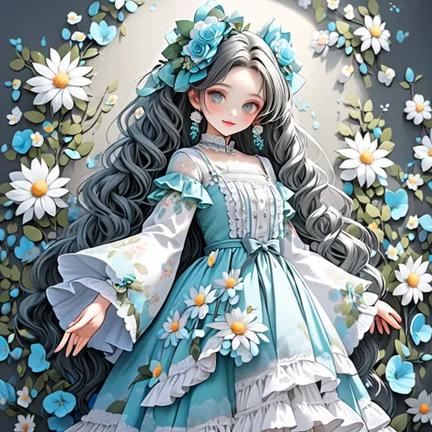 flower hair ornaments,{{turquoise dress}}, gray shadow dress,wide sleeves,floral print sleeves,Gothic lolita,white skirt,layered skirt,white sleeves，Curly long hair，a beauty girl，Fine hands，Fine fingers，(Best Quality)Fine details，There are a lot of flowers...